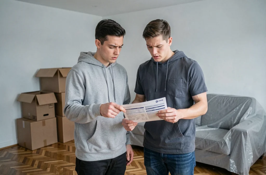 Jeune couple étudiant une brochure d'assurance habitation dans un appartement lors d'un déménagement