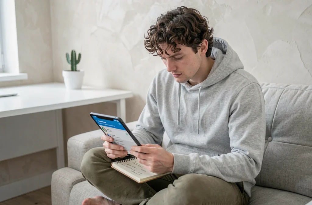 Jeune épargnant consultant une application d'investissement locatif sur tablette dans un bureau à domicile minimaliste