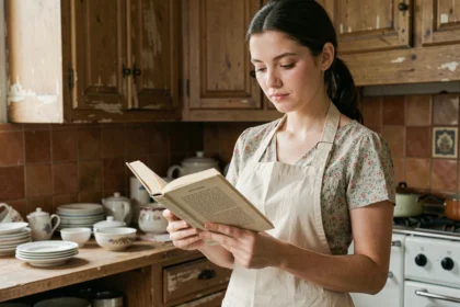 Jeune femme en tablier lisant un roman dans une cuisine bourgeoise ancienne, évoquant le personnage de La Petite Bonne