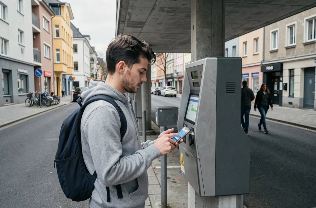 Jeune homme payant son stationnement via une application mobile à une borne de parking en ville