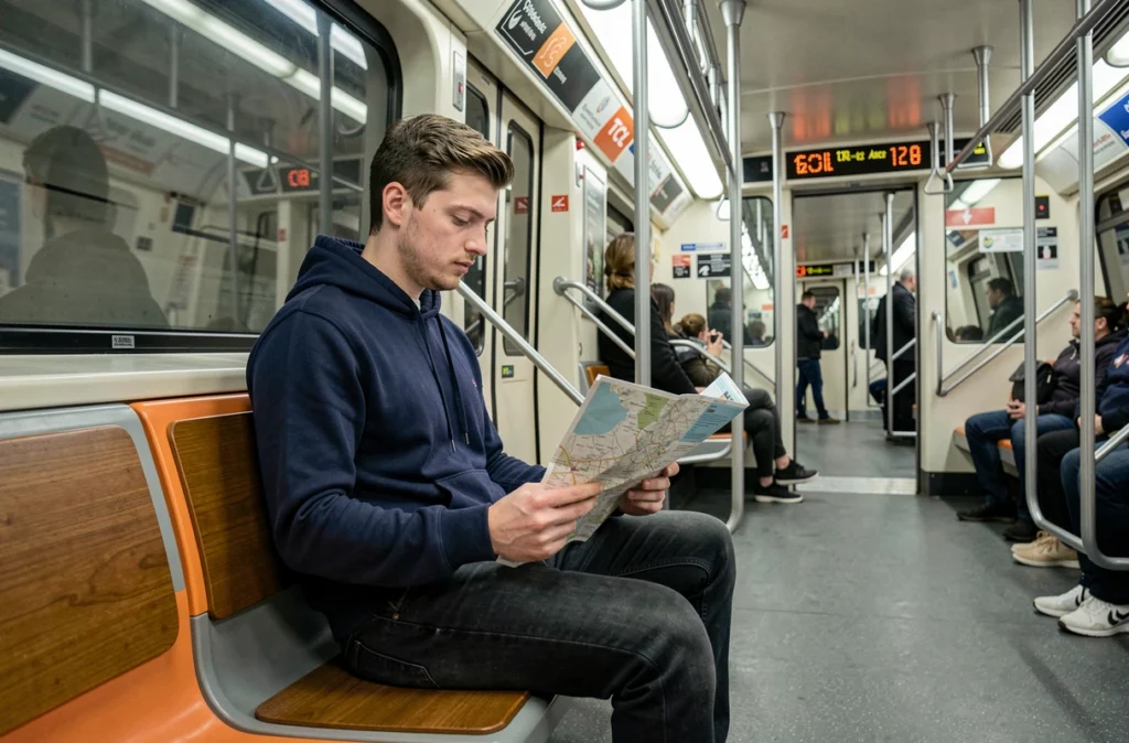 Jeune homme lisant le plan du métro TCL de Lyon dans une rame en mouvement
