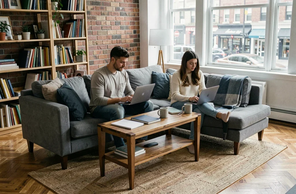Deux jeunes actifs en télétravail dans le salon d'un appartement en colocation avec décoration urbaine authentique