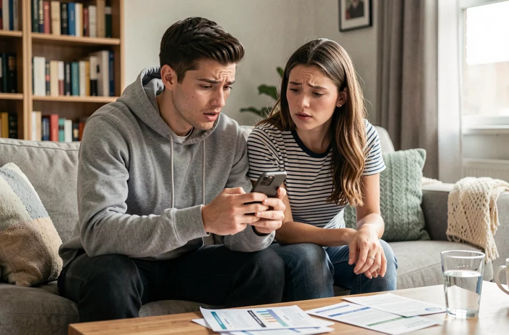 Deux jeunes adultes comparant des simulations de crédit sur un smartphone dans leur salon