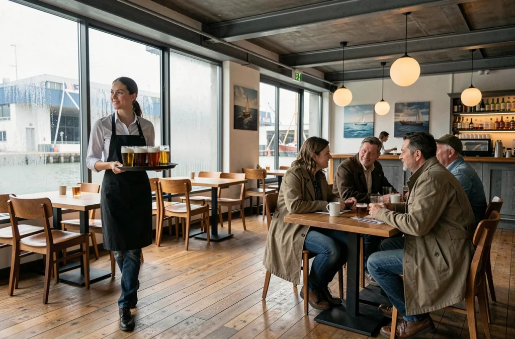 Serveuse portant des bières dans la salle du bar-restaurant L'Hovercraft à Calais, avec vue partielle sur le port à travers les fenêtres