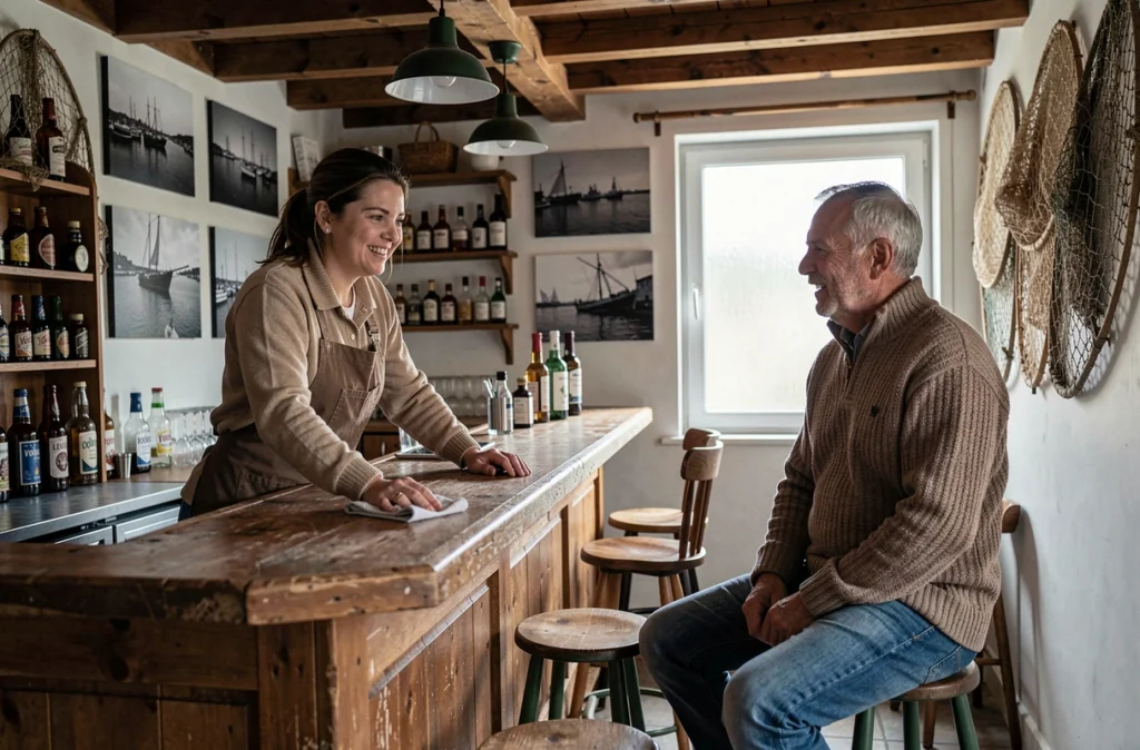 Barmaid discutant avec un client en pull de marin au comptoir de L'Odyssée à Étaples, décor de bar de port avec filets de pêche et photos en noir et blanc