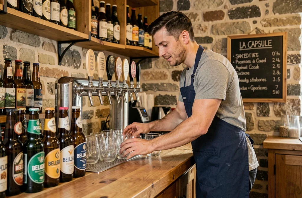 Barman arrangeant des bières artisanales sur le comptoir en bois du bar La Capsule à Arras, avec des bouteilles craft et des pompes à bière