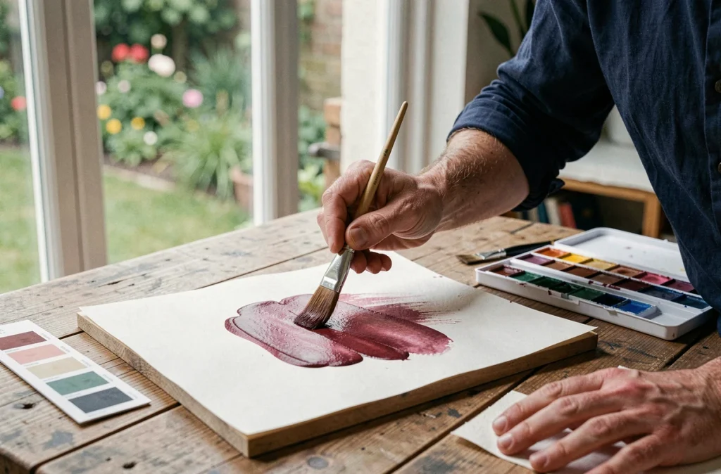 Peintre appliquant un lavis aquarelle bordeaux sur papier texturé avec un pinceau plat dans un atelier près d'une fenêtre