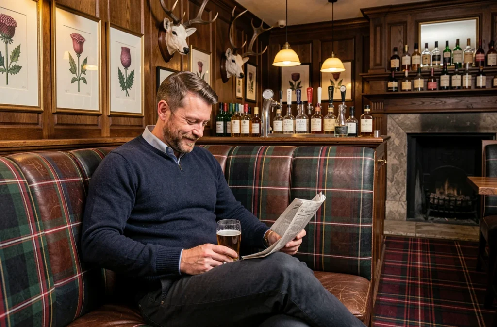 Client savourant un whisky et une pinte dans un booth tapissé de tartan au pub Le Scottish à Arras, avec décor mural écossais et bouteilles de single malt