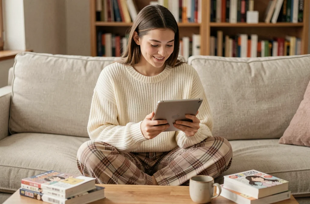 Jeune femme lisant un webtoon sur tablette dans un salon cosy avec des mangas posés à côté