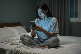 Jeune femme dans un lit sombre utilisant son smartphone avant de dormir, visage éclairé par la lumière bleue de l'écran