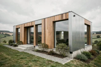 Maison modulaire moderne en bois et acier installée sur une colline verdoyante en France rurale, avec grandes baies vitrées et structure préfabriquée apparente