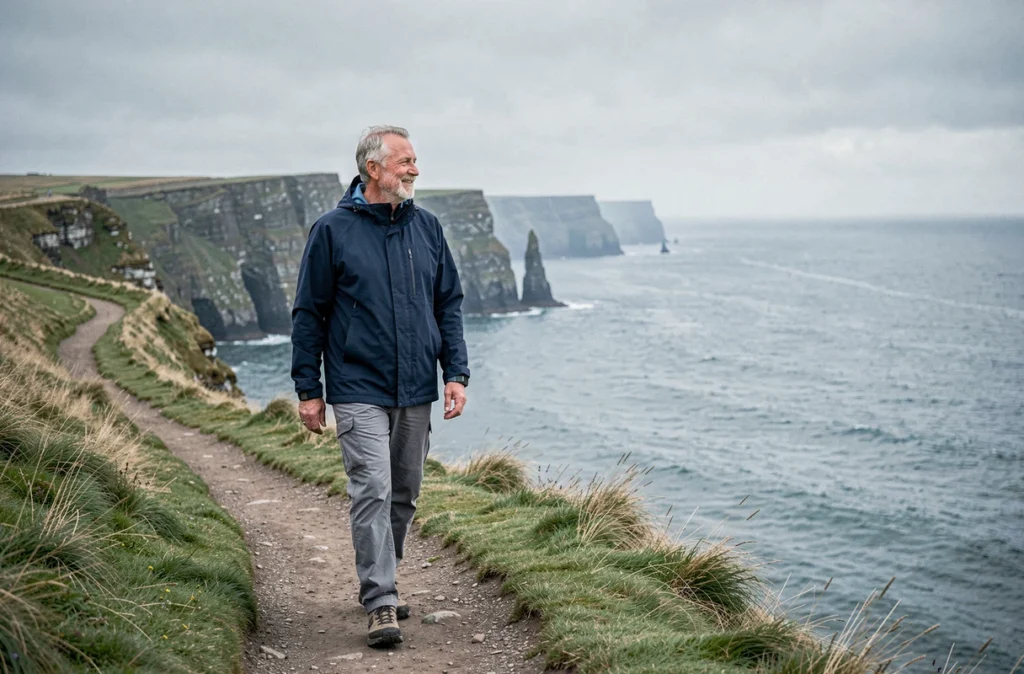 Homme âgé marchant sur un sentier côtier face à la mer, symbole de la marche en plein air bénéfique pour le bien-être mental