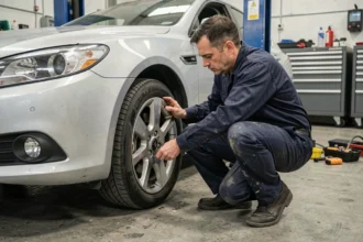 Mécanicien inspectant les freins d'une voiture avant le contrôle technique dans un garage professionnel