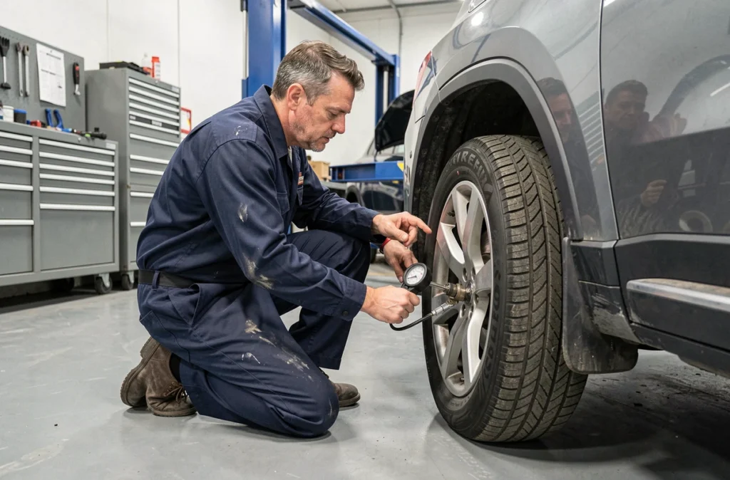 Mécanicien vérifiant la pression des pneus d'un SUV dans un garage automobile pour réduire la consommation de carburant