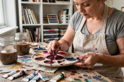 Artiste mélangeant des pigments aquarelle pour obtenir une couleur bordeaux intense sur une palette en céramique dans un atelier d'art