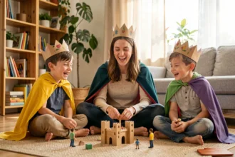 Mère et ses deux fils jouant à un jeu de rôle médiéval avec couronnes en papier et figurines sur un tapis de salon
