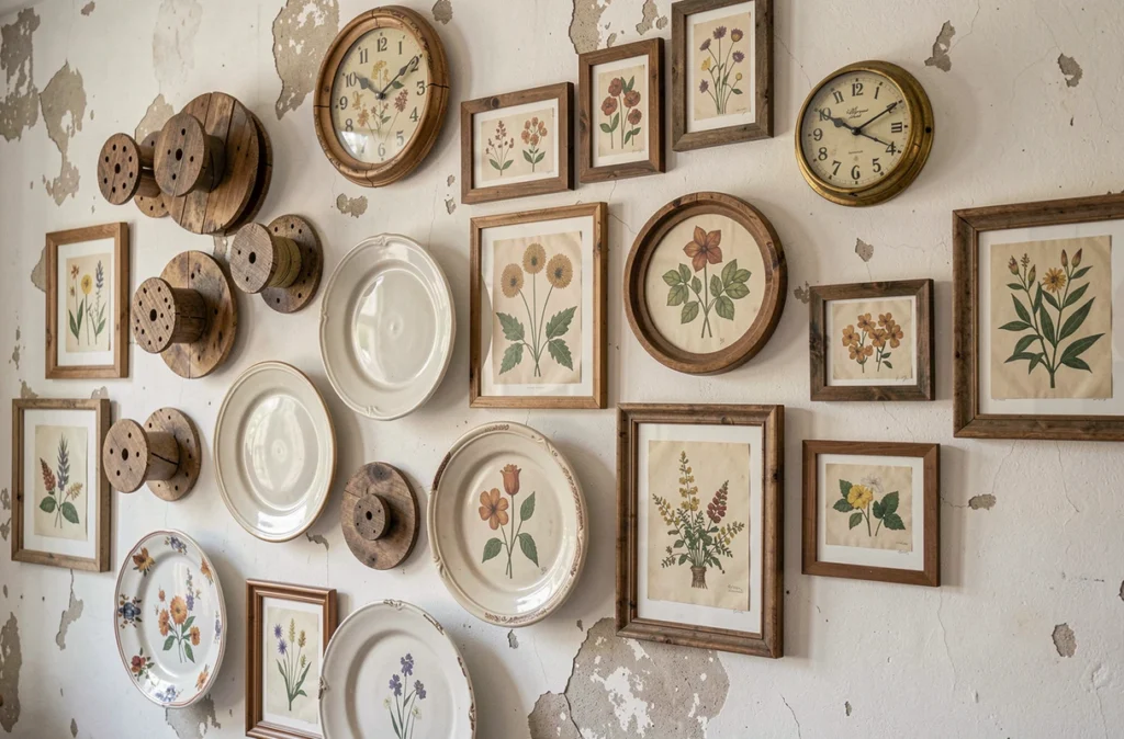 Mur décoratif style galerie avec objets récupérés, cadres vintage, céramiques et imprimés botaniques dans un appartement