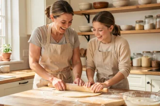 Mère et fille en tablier fariné riant ensemble en étalant de la pâte sur un plan de travail en bois dans une cuisine familiale chaleureuse