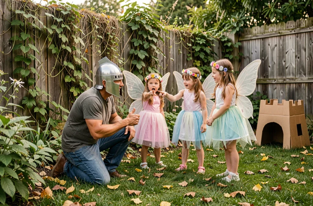 Père et ses filles jouant à un jeu de rôle de chevaliers et de fées dans un jardin avec des costumes faits maison