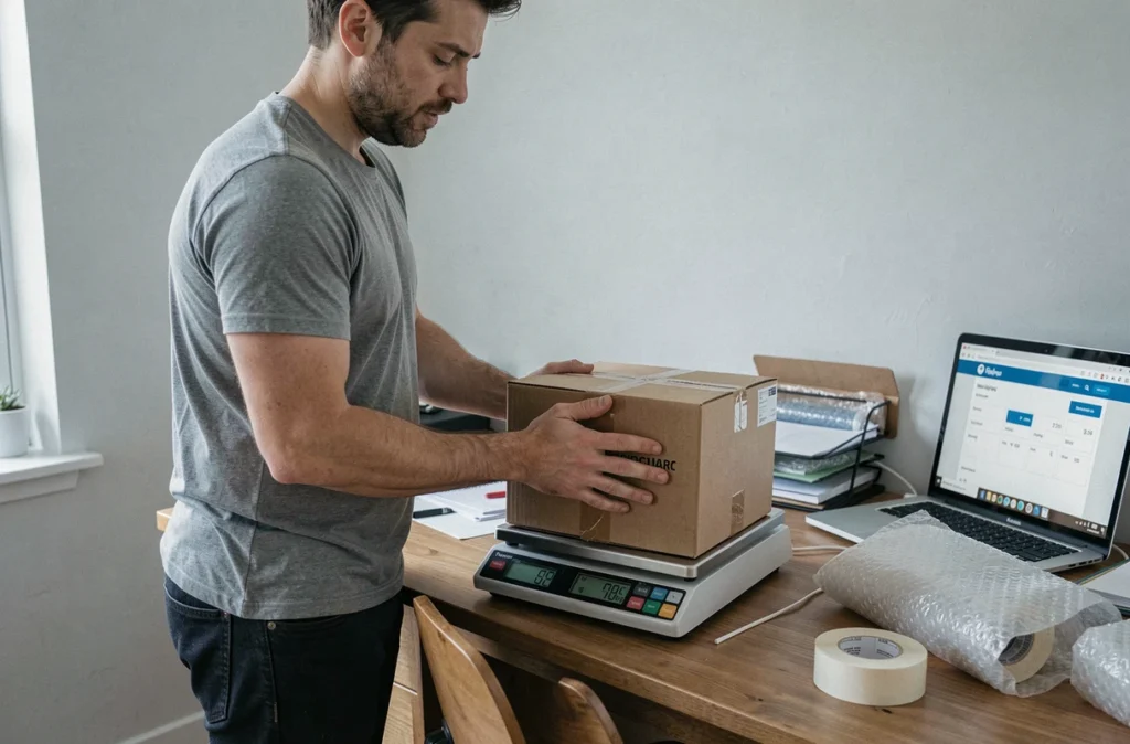 Homme pesant un colis sur une balance numérique pour convertir des grammes en kilogrammes avant expédition