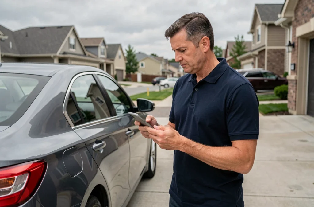 Homme photographiant la plaque d'immatriculation de sa voiture avec un smartphone pour une démarche de carte grise