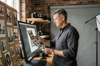 Photographe portrait professionnel dans un studio du Nord de la France, entouré de tirages et d'équipement photographique