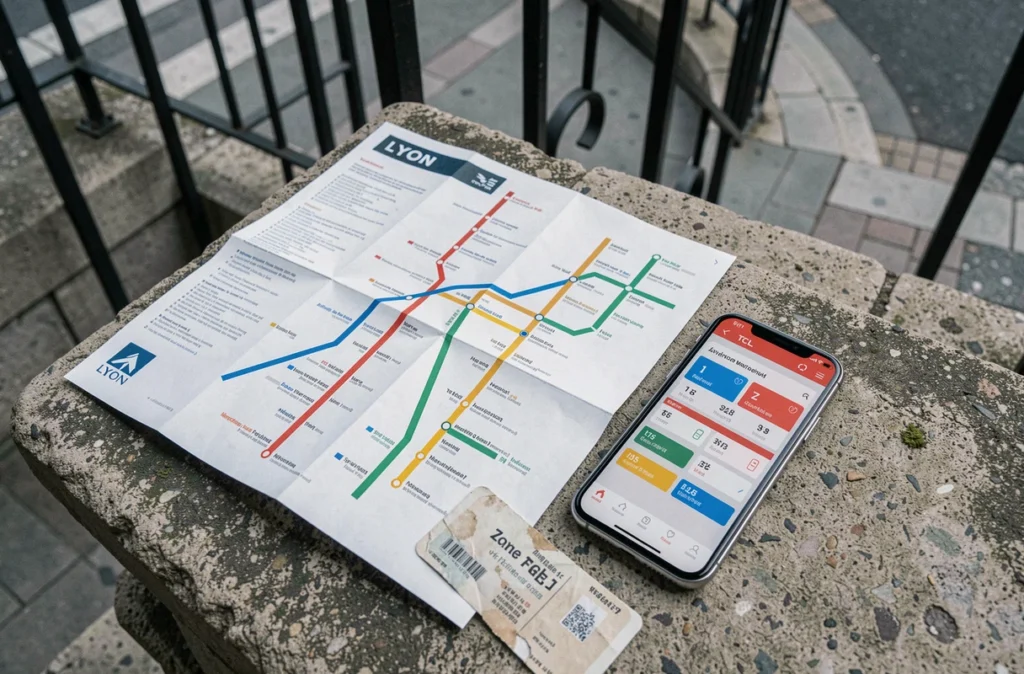 Plan du métro de Lyon avec ticket TCL et smartphone affichant les zones tarifaires