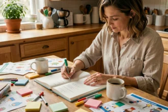 Mère planifiant un calendrier d'activités pour les vacances scolaires avec un agenda papier et des marqueurs colorés sur une table en bois