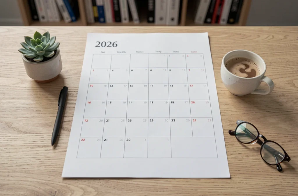 Vue de dessus d'un planning mensuel 2026 posé sur un bureau en bois avec accessoires de bureau minimalistes