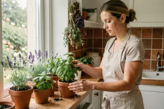 Femme disposant des plantes répulsives naturelles comme la lavande et la citronnelle sur un rebord de fenêtre en bois pour éloigner les moustiques