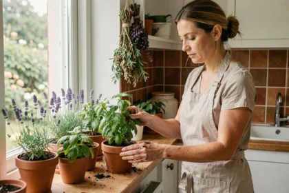 Femme disposant des plantes répulsives naturelles comme la lavande et la citronnelle sur un rebord de fenêtre en bois pour éloigner les moustiques