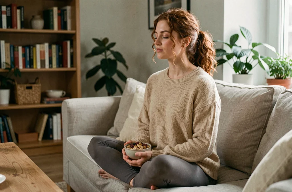 Jeune femme pratiquant la pleine conscience alimentaire avec un bol de fruits secs dans un salon chaleureux