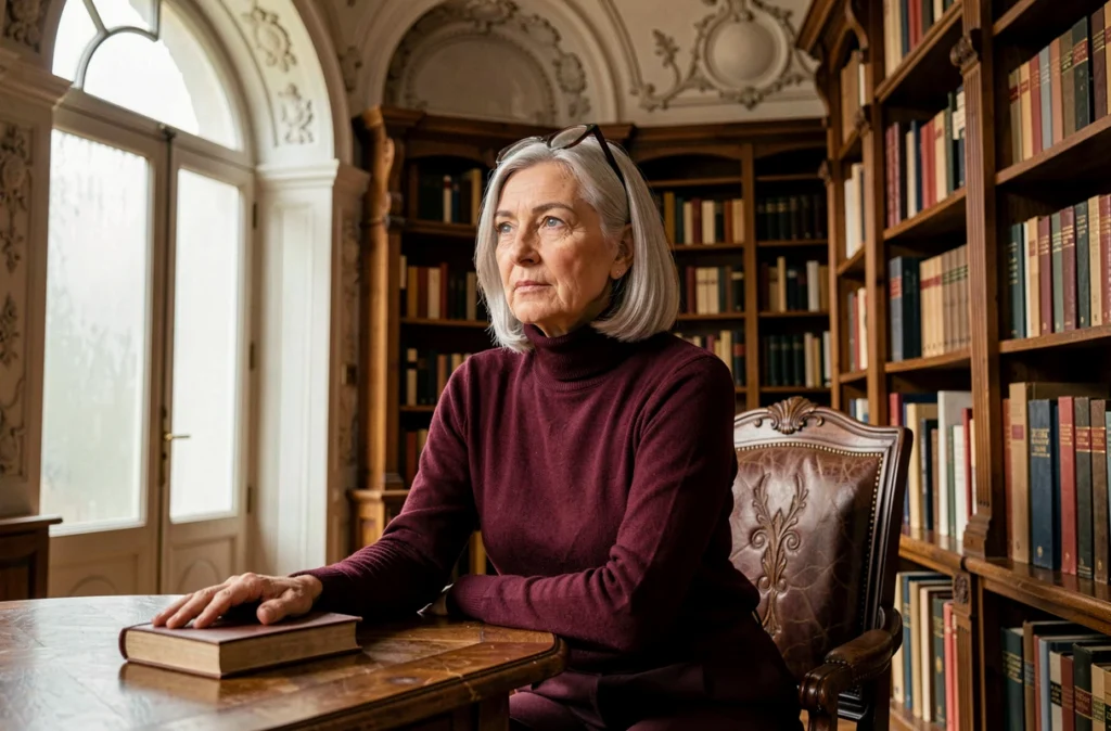 Portrait d'auteure littéraire dans une salle de lecture historique à Roubaix ou Tourcoing, photographie artistique