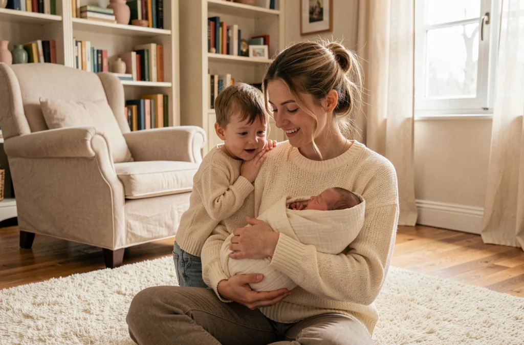 Portrait famille avec nouveau-né dans un intérieur cosy du Nord, mère et enfants photographiés dans un cadre domestique naturel