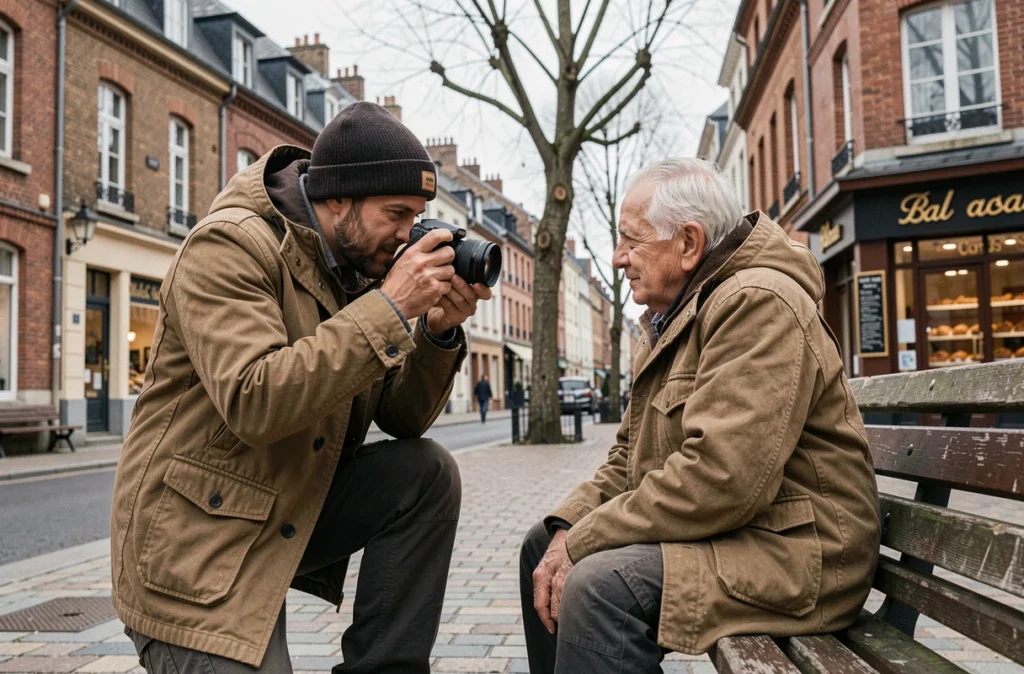 Photographe de rue en démarche documentaire dans une place publique du Nord, capturant un portrait candide d'un passant