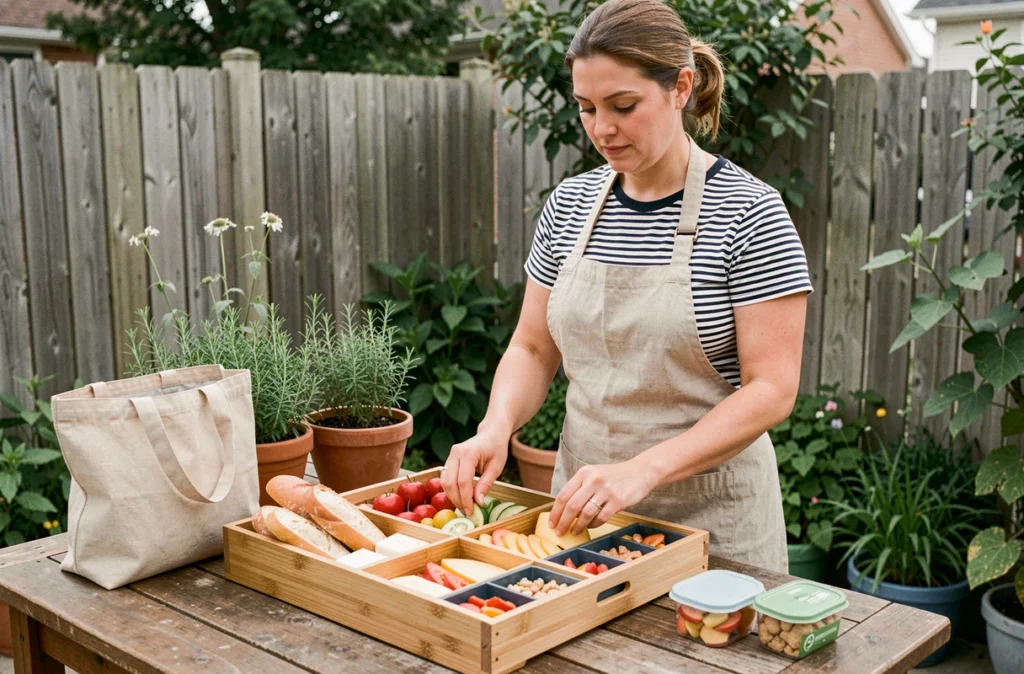 Femme préparant des plateaux repas pour un pique-nique familial avec fruits, fromages et contenants réutilisables sur une table en bois