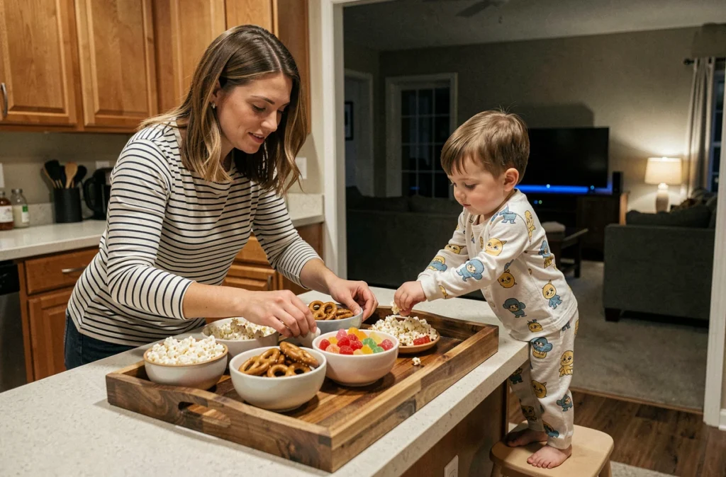 Préparation des snacks pour une soirée cinéma maison avec un enfant dans la cuisine