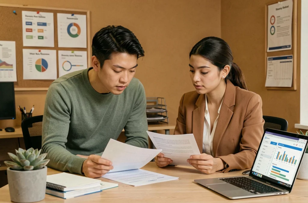 Deux professionnels RH étudiant des documents de politique de diversité et inclusion dans un bureau dédié aux ressources humaines