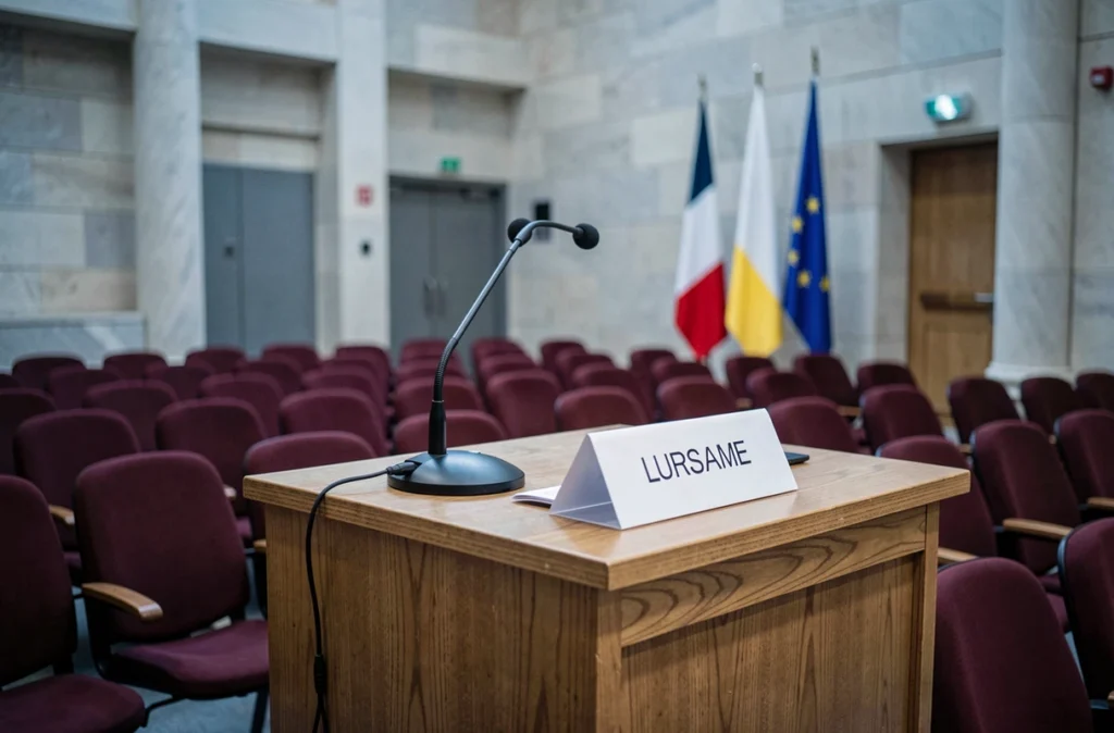 Pupitre institutionnel vide dans un auditorium français, symbole du parcours politique et des fonctions publiques rémunérées