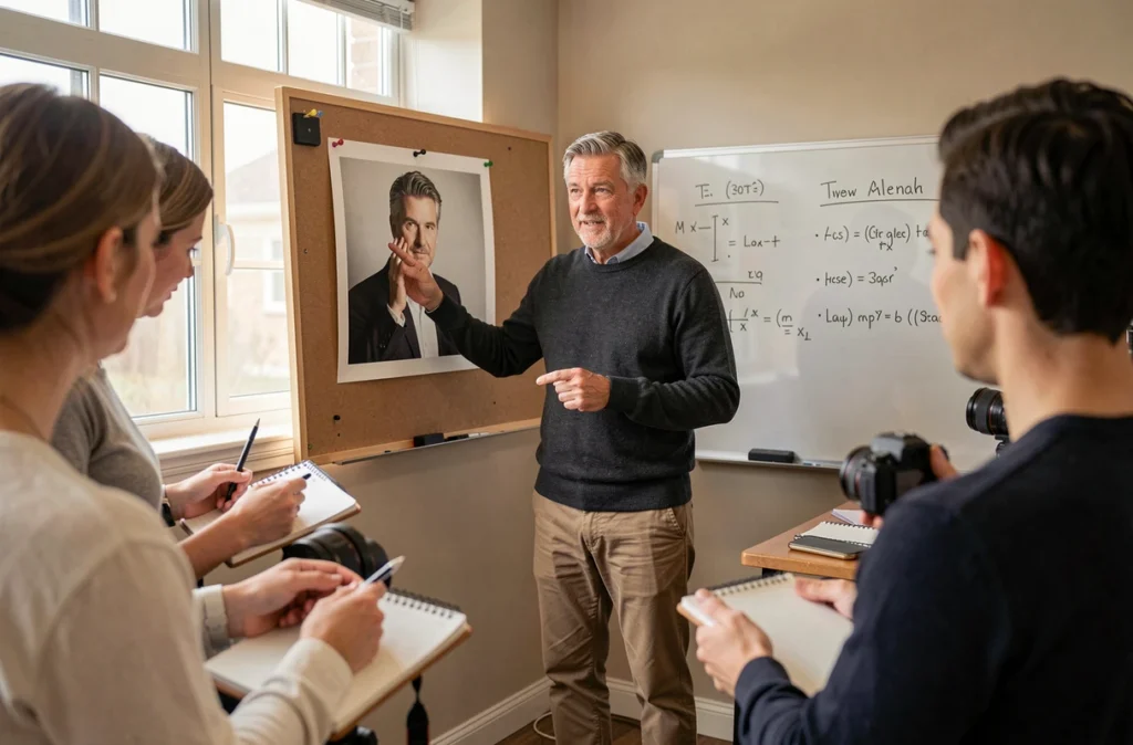 Régis Moscardini, portraitiste et formateur photo, animant un atelier pratique devant ses élèves