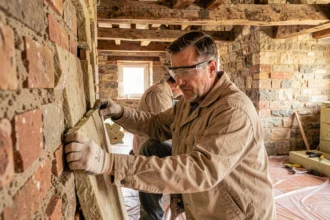 Artisan posant de l'isolation thermique dans les murs d'une maison ancienne en rénovation énergétique
