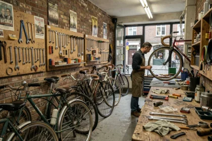 Atelier de réparation de vélos dans les Hauts-de-France avec outils et cycles en exposition