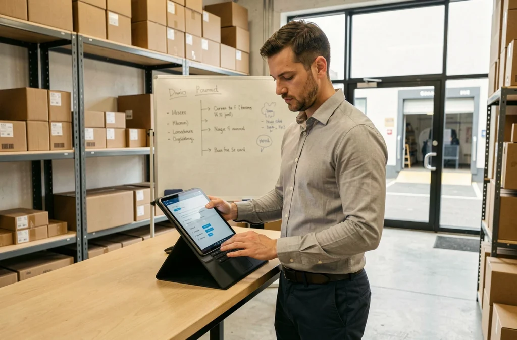 Responsable logistique de PME gérant l'inventaire via une application cloud sur tablette dans un entrepôt