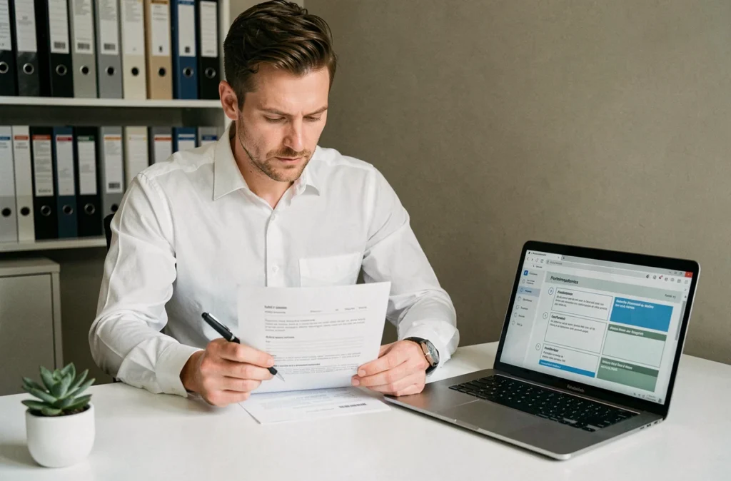 Responsable RH analysant un formulaire d'évaluation de performance annuelle à son bureau