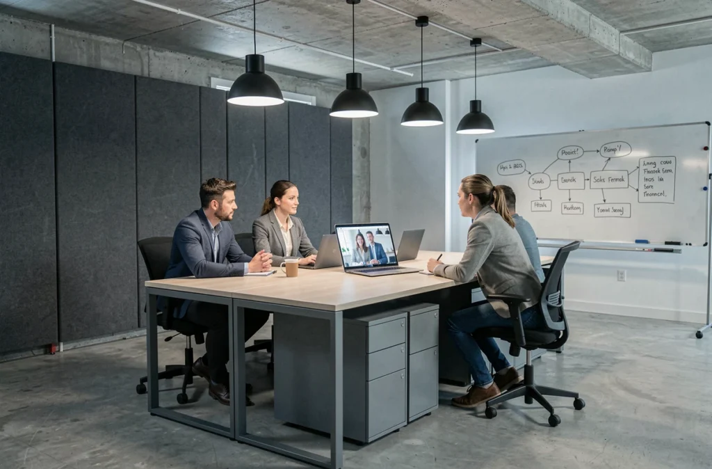 Équipe en réunion hybride dans un bureau open space modernisé avec écran de visioconférence pour collaborateurs en télétravail