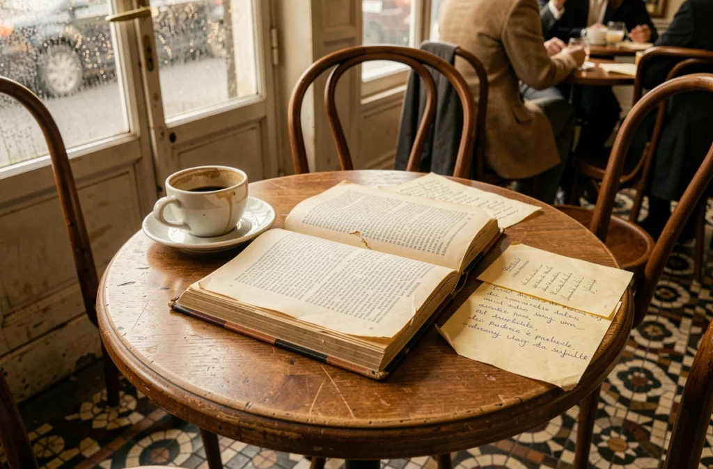 Roman de poche usé ouvert sur une table de café parisien avec un expresso, symbole d'une lecture incontournable