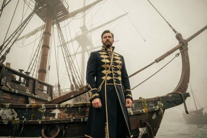Personnage mystérieux en manteau naval sombre sur un vieux voilier dans un port brumeux, évoquant le siècle oublié de One Piece