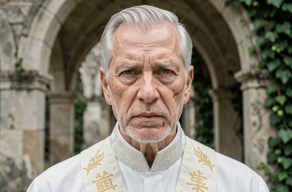 Portrait en gros plan d'un homme âgé aux traits aristocratiques portant une robe cérémonielle blanche aux symboles dorés effacés, atmosphère mystérieuse et historique