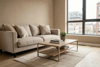 Salon meublé temporairement avec canapé en lin beige et table basse minimaliste pour faciliter la vente immobilière