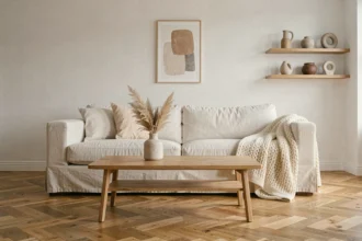 Salon minimaliste avec canapé en lin crème, table basse en bois et décoration épurée pour un intérieur confortable et aéré